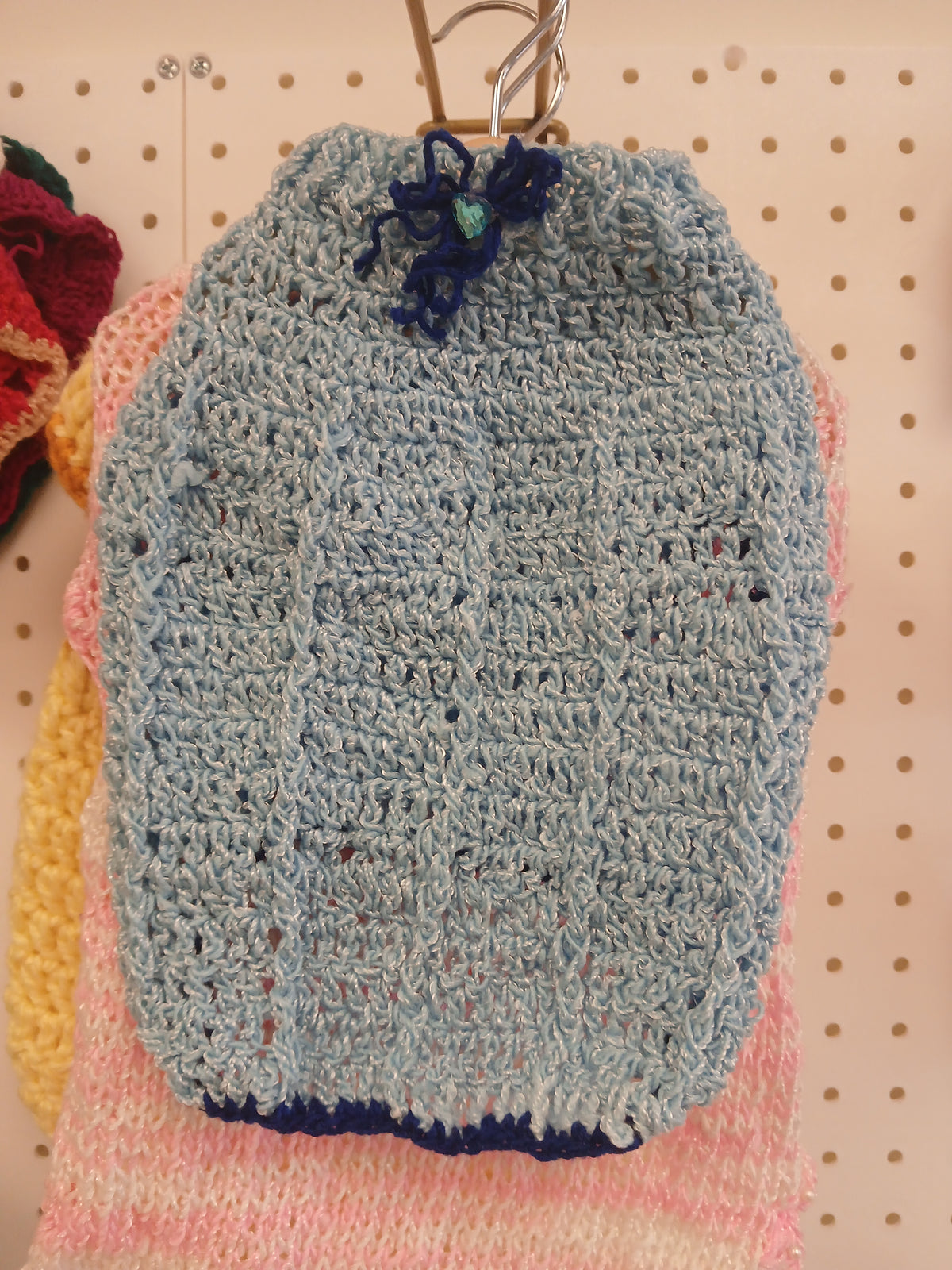 Dog Crochet Dress: Light Blue With Dark Blue Bow Small