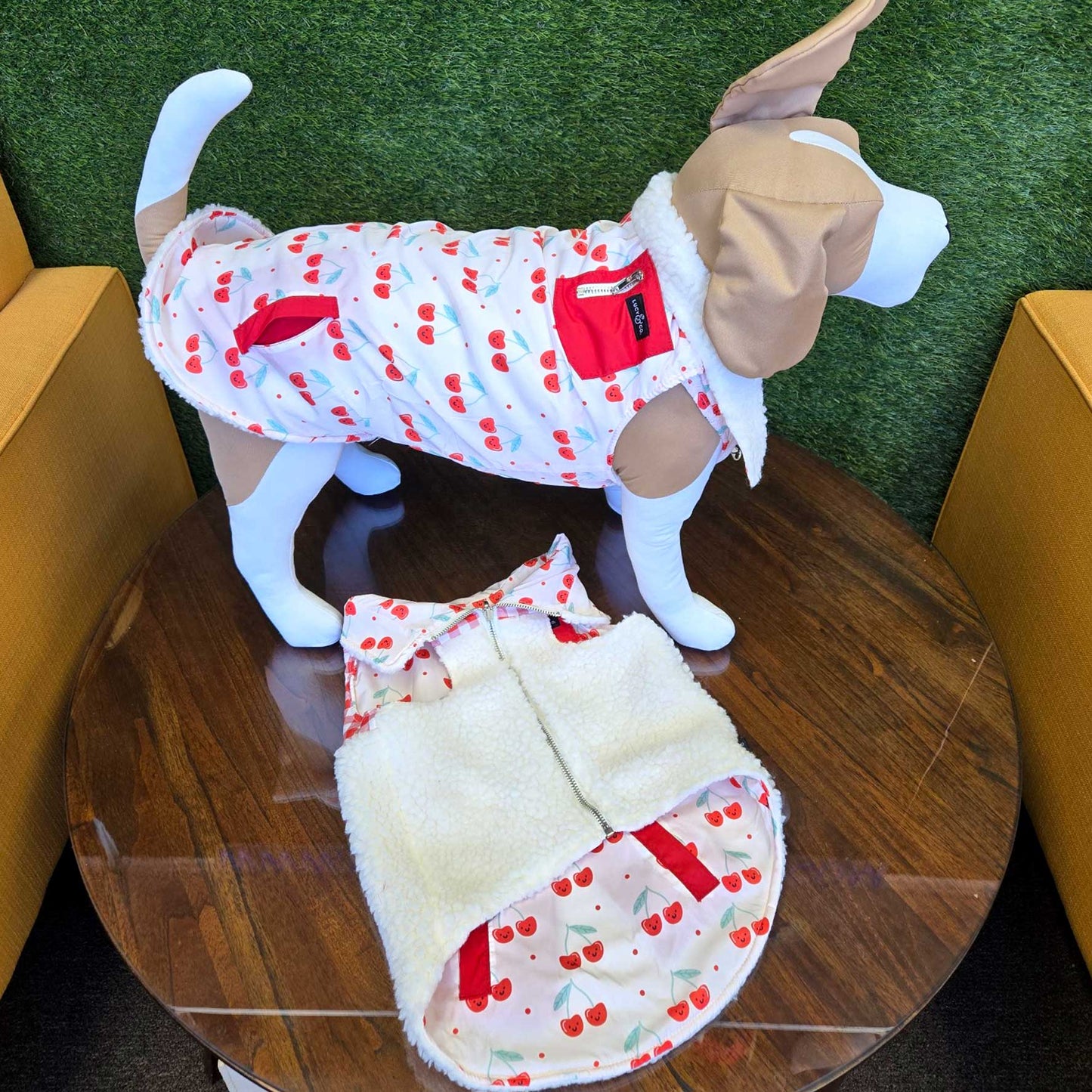 Cheery Cherries Reversible Dog Jacket – Cozy, Functional, and Stylish