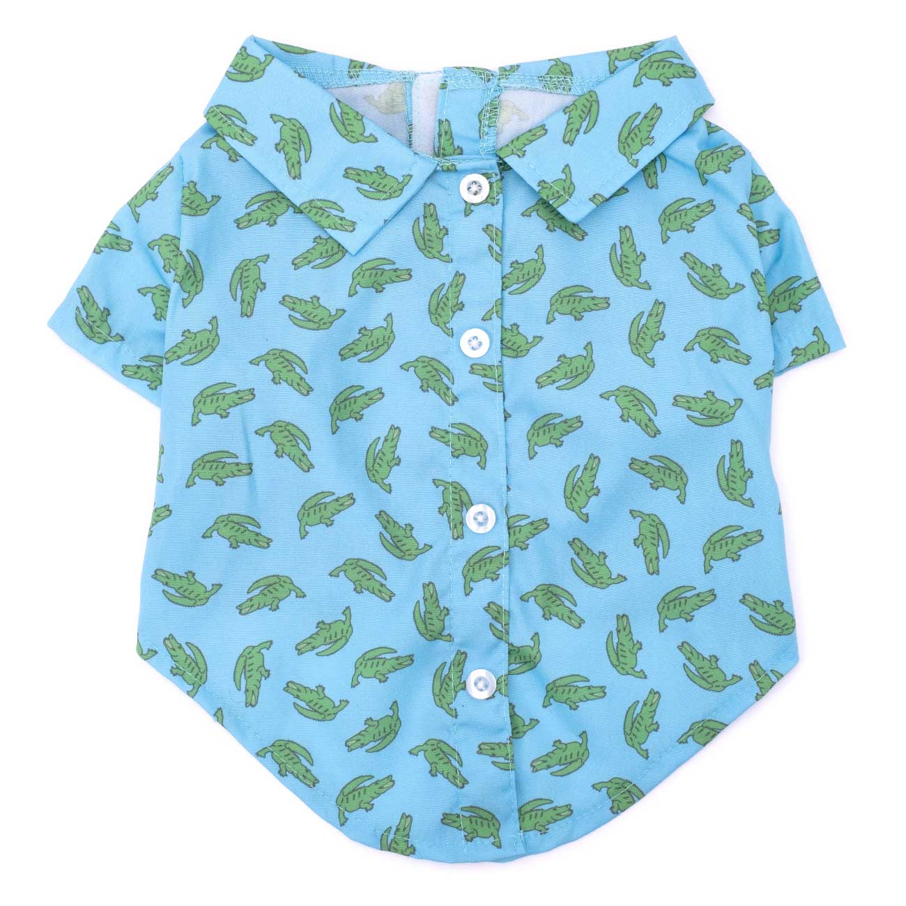 Blue shirt with green crocodile pattern on a white background