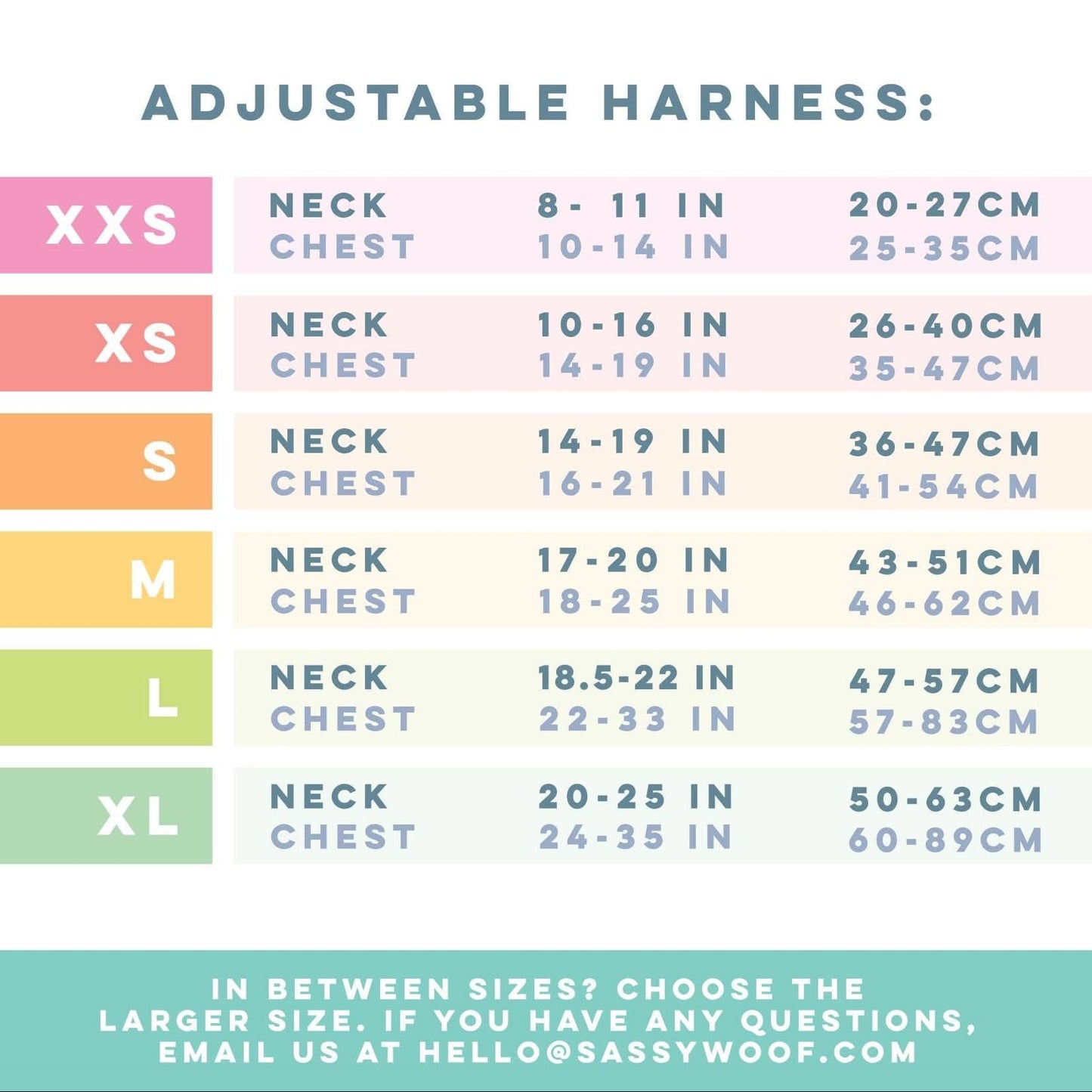 Adjustable harness size chart with pastel-colored sections for neck and chest measurements.