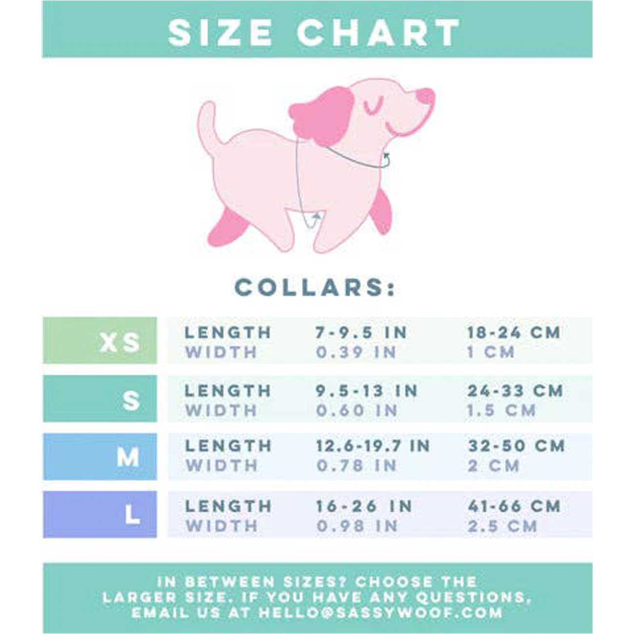 Size chart for dog collars with a pink cartoon dog illustration on a light blue background.