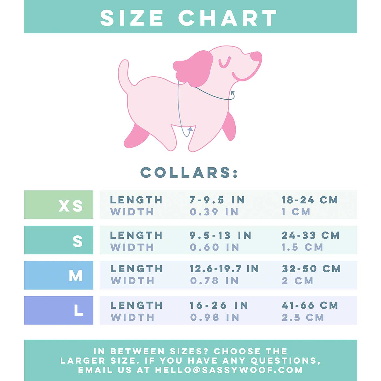 Dog collar size chart with measurements and a pink dog illustration on a white background.
