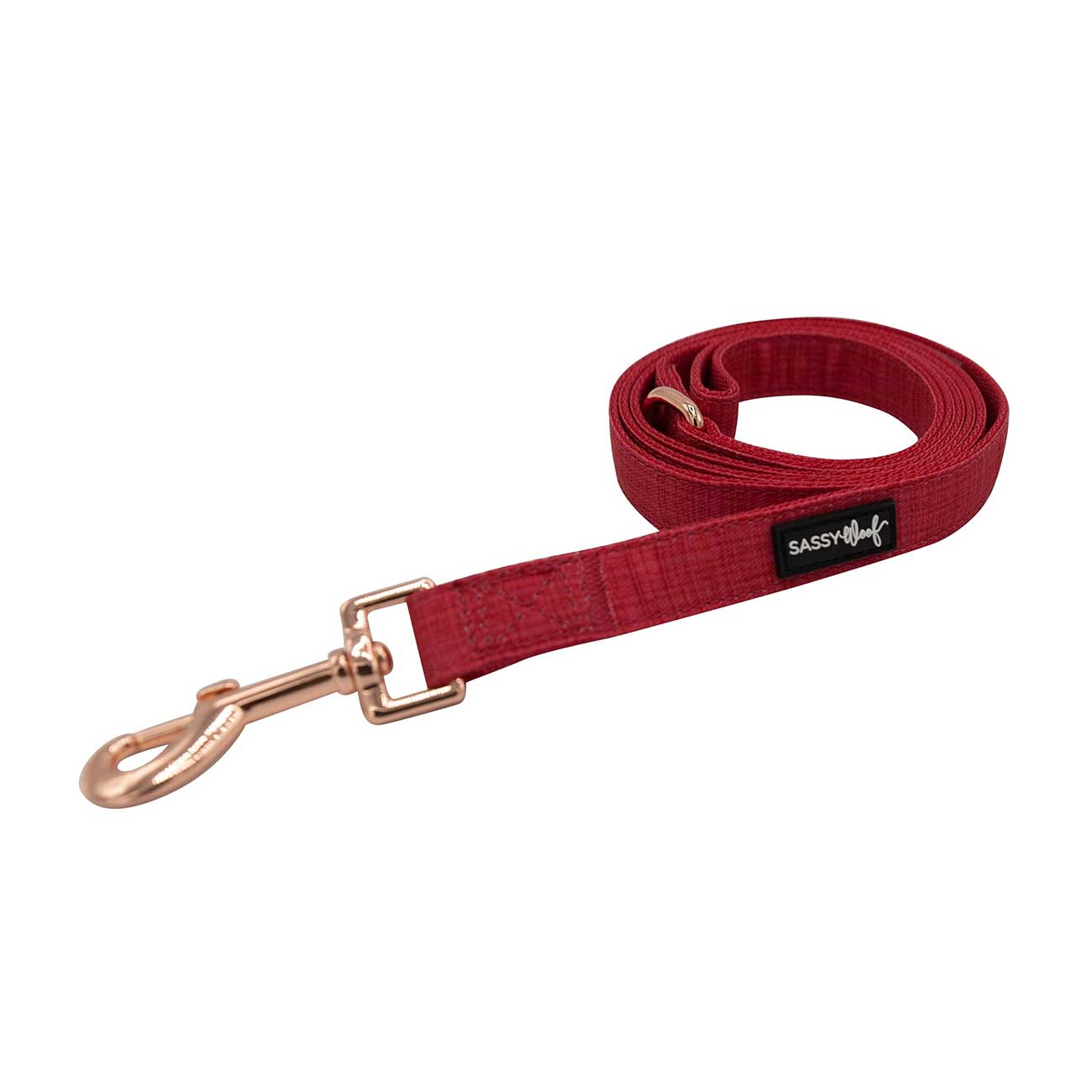 Red dog leash with rose gold clip on a white background