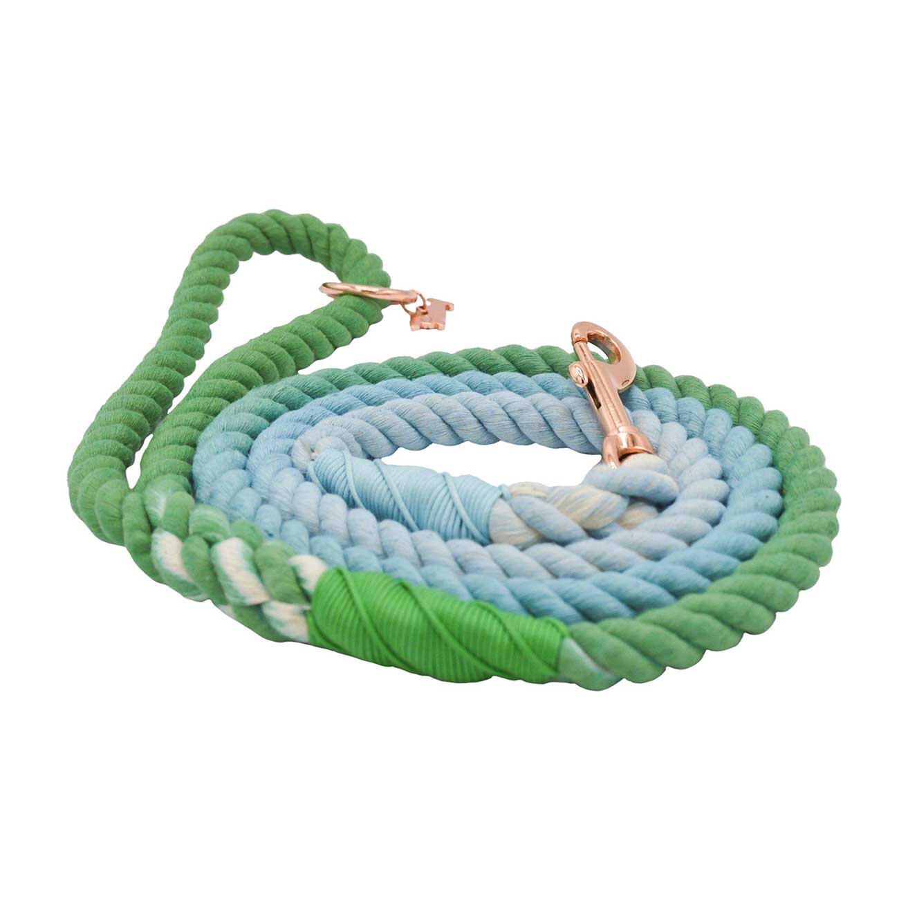 Coiled green and blue rope dog leash with rose gold clasp on a white background