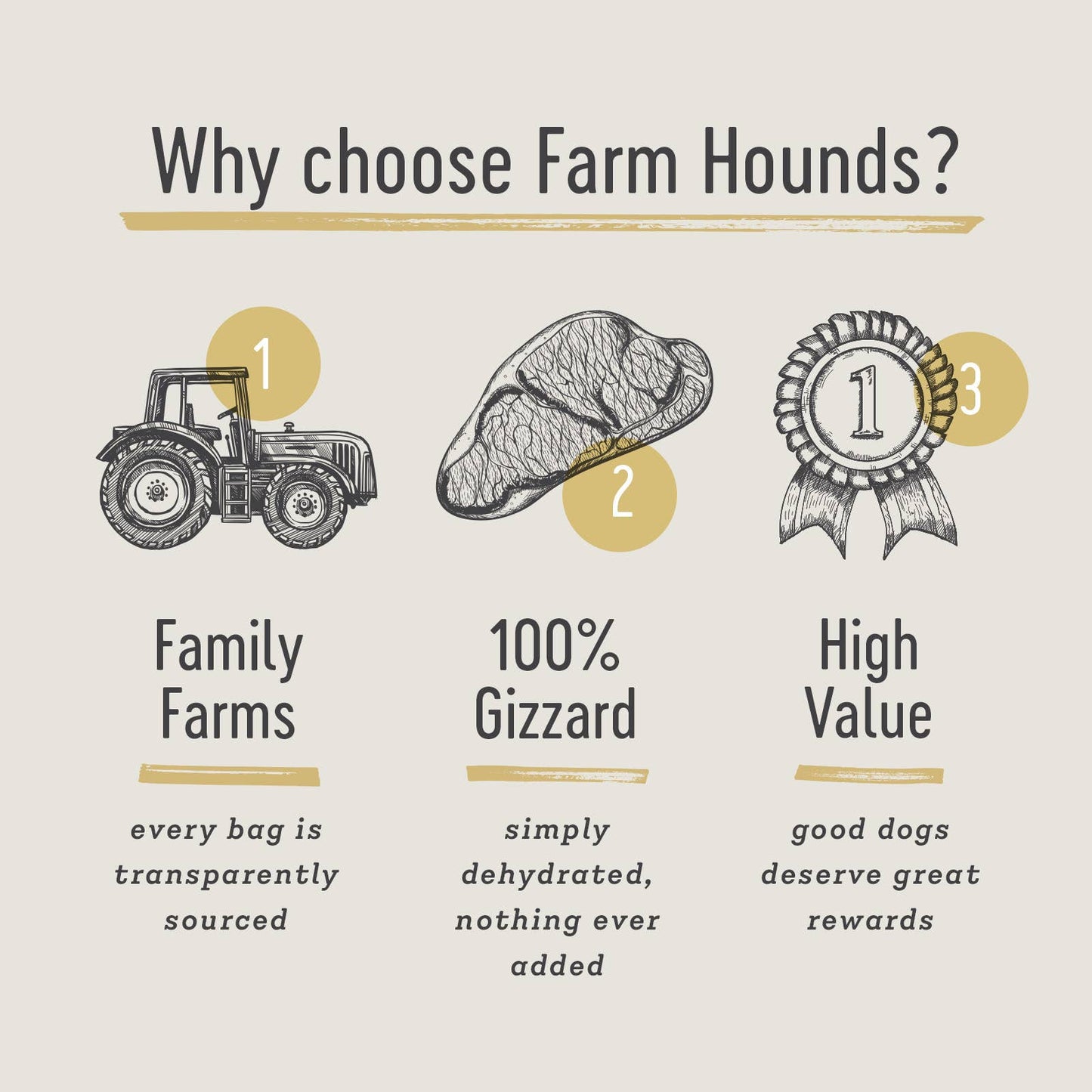 Infographic titled 'Why choose Farm Hounds?' with icons and text on a beige background.