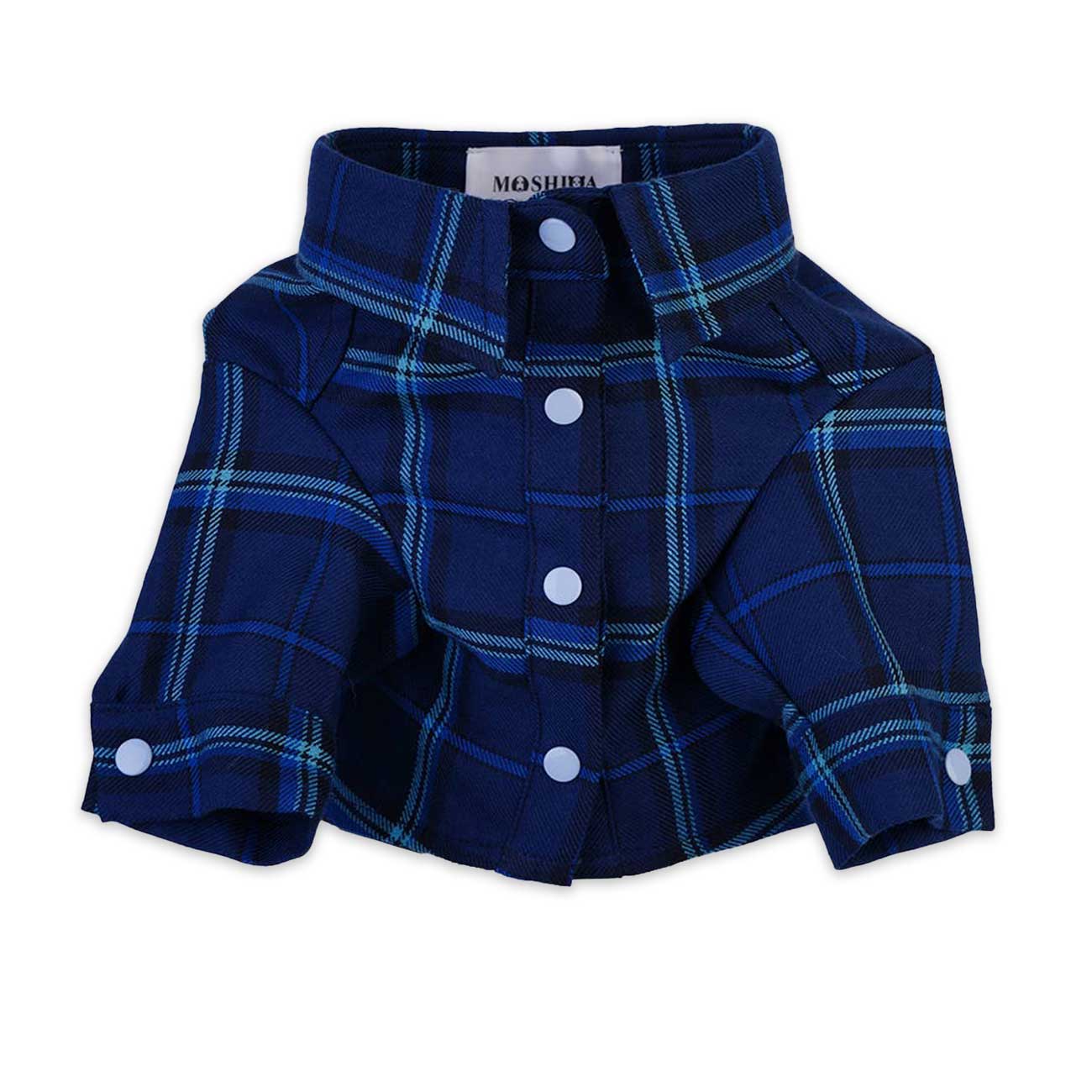 Blue plaid dog coat with white buttons on a white background