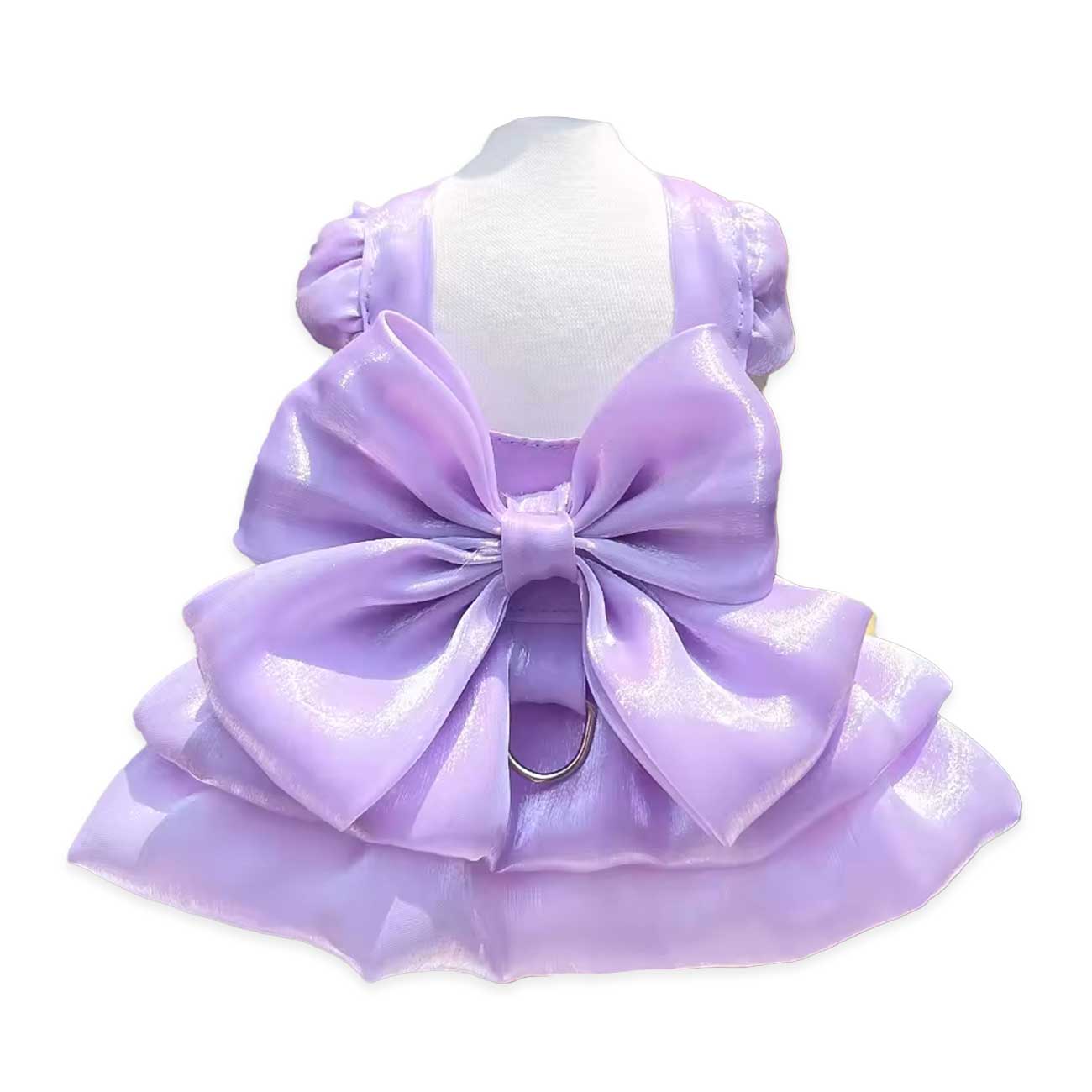 Lavender dog dress with a large bow on a mannequin against a white background