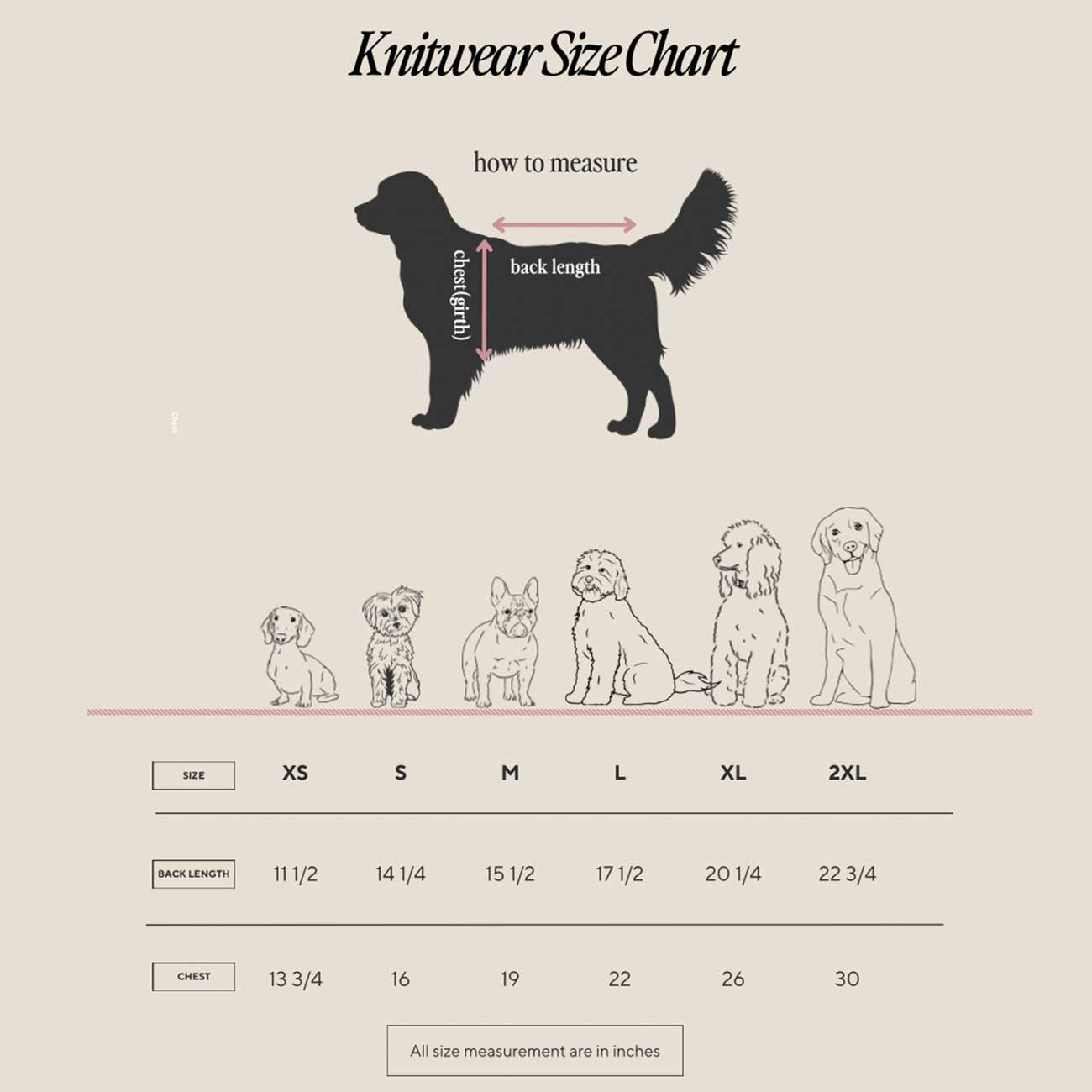 Knitwear size chart for dogs with illustrations and measurements.