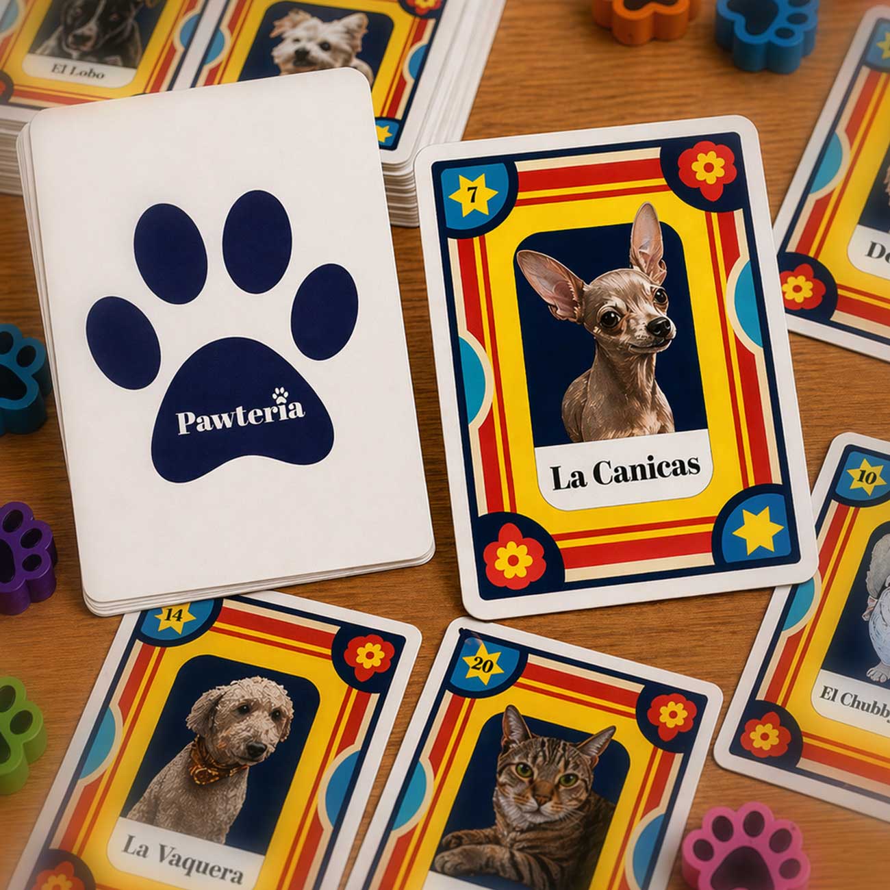 Colorful Pawteria card game with dog and cat illustrations on a wooden surface