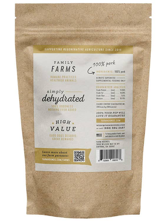 Kraft paper bag with a label for 'Family Farms' dehydrated pork product on a white background.
