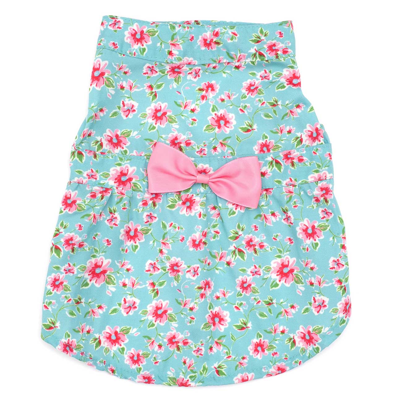 Floral patterned dog dress with a pink bow on a white background
