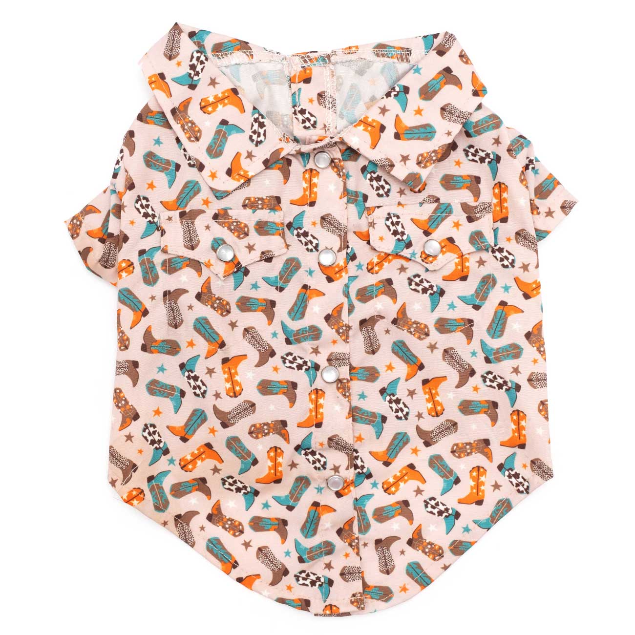 Dog shirt with cowboy boot pattern on a white background