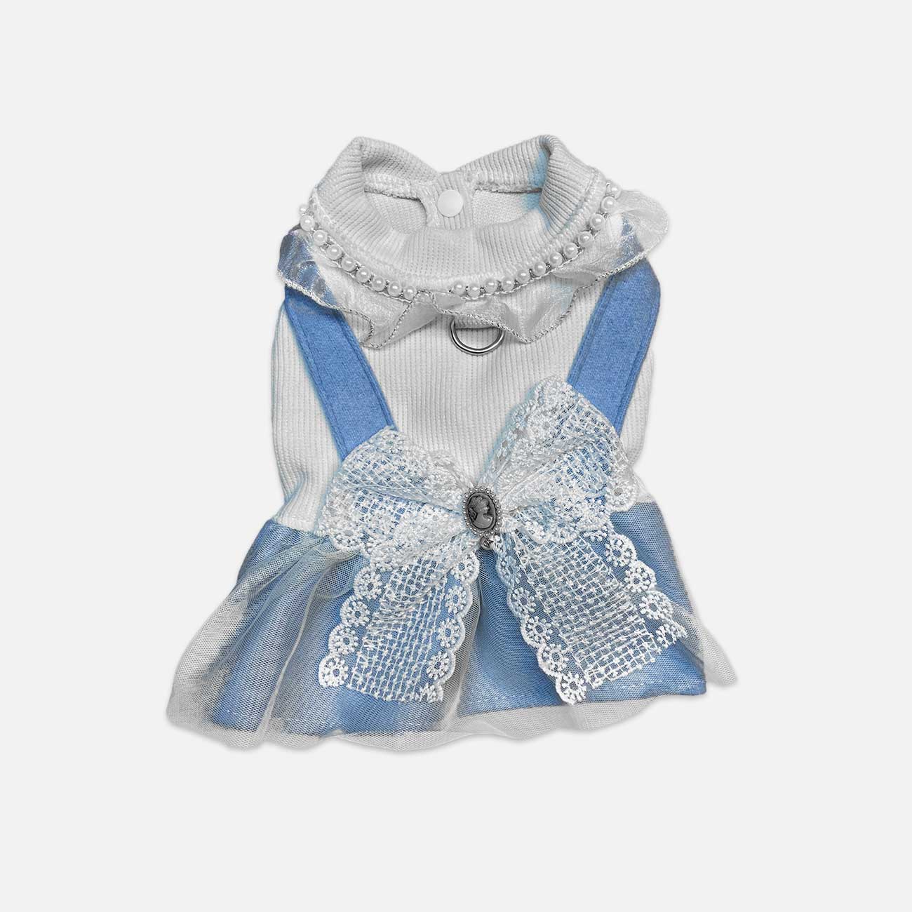 Blue and White Dog Dress with White Ribbon