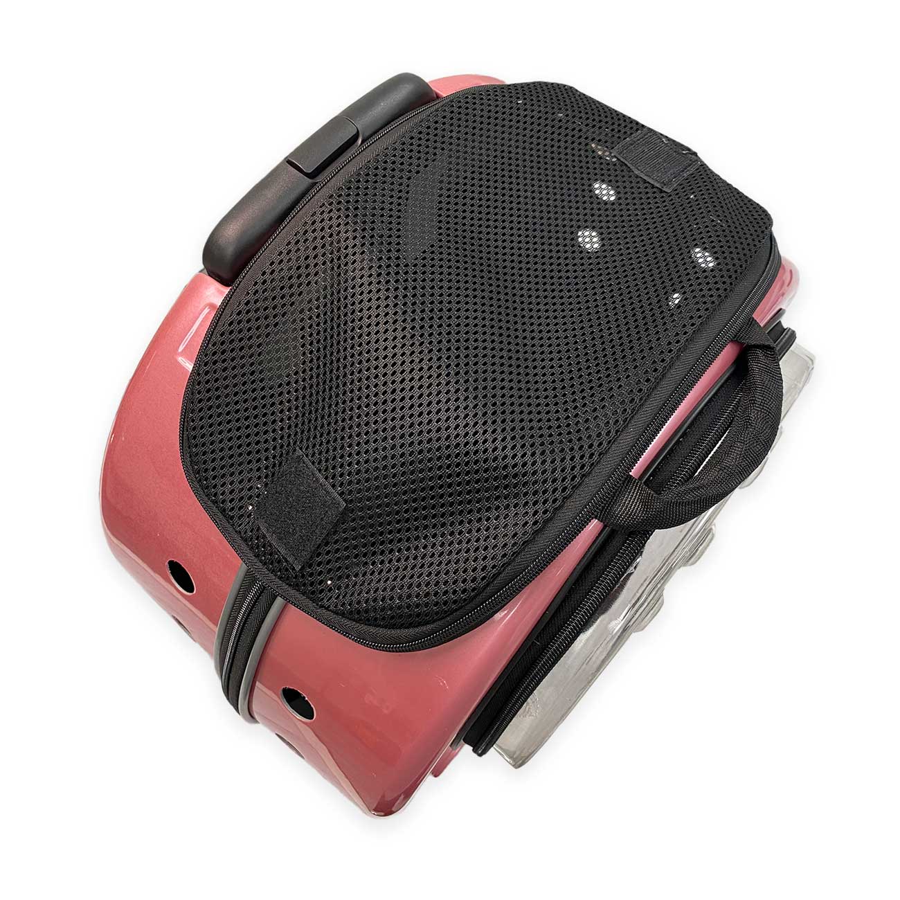 Pink and black pet trolley case carrier on a white background