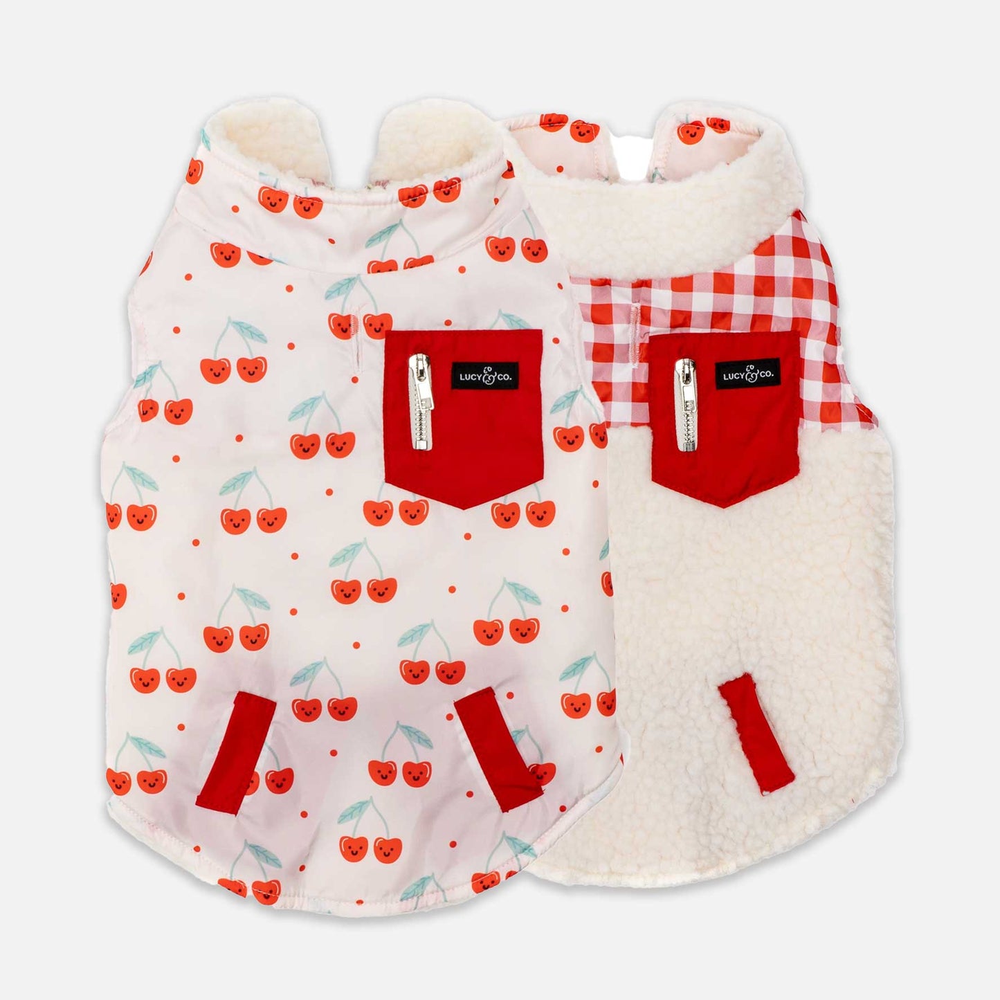 Cheery Cherries Reversible Dog Jacket – Cozy, Functional, and Stylish