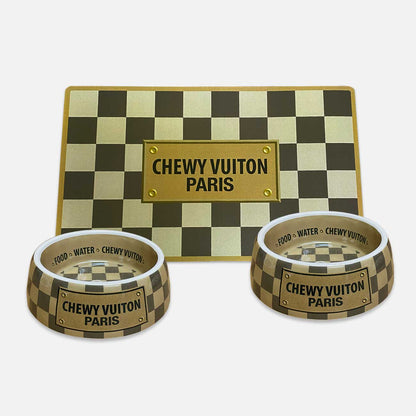 Chewy Vuiton Pet Bowls and Pet Mat - Stylish Dining Accessory for Pets