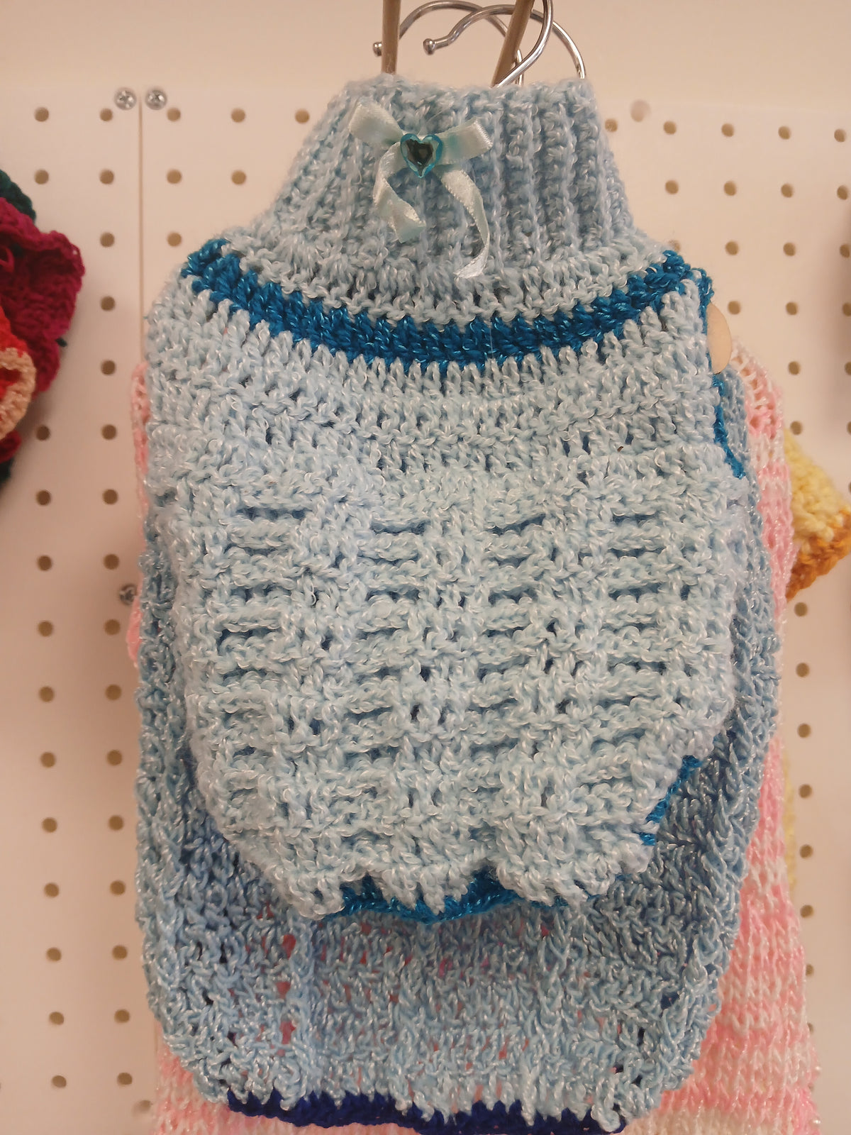 Dog Crochet Dress: Light Blue With Light Blue Bow and Dark Blue Stripe Small