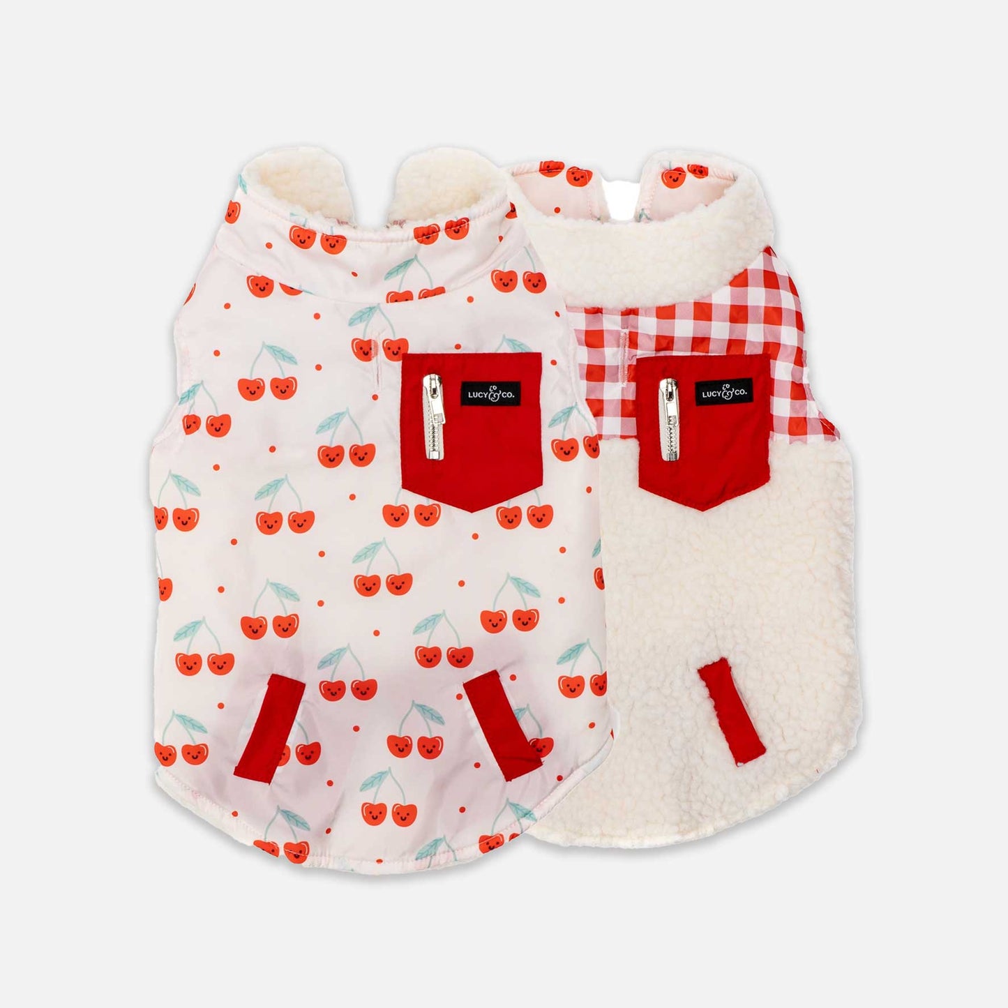 Cheery Cherries Reversible Dog Jacket – Cozy, Functional, and Stylish