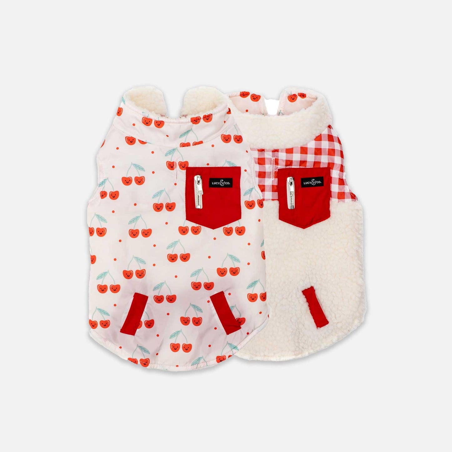 Cheery Cherries Reversible Dog Jacket – Cozy, Functional, and Stylish