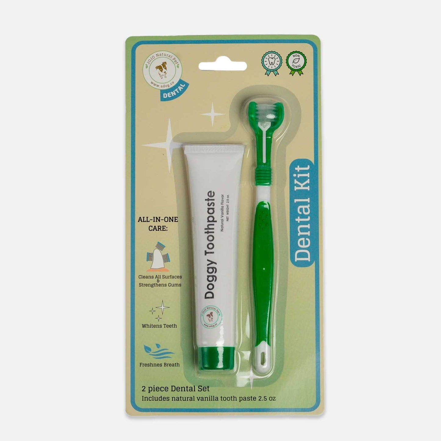 Triple Headed Dog Toothbrush with All Natural Toothpaste - 2 Piece Dental Kit