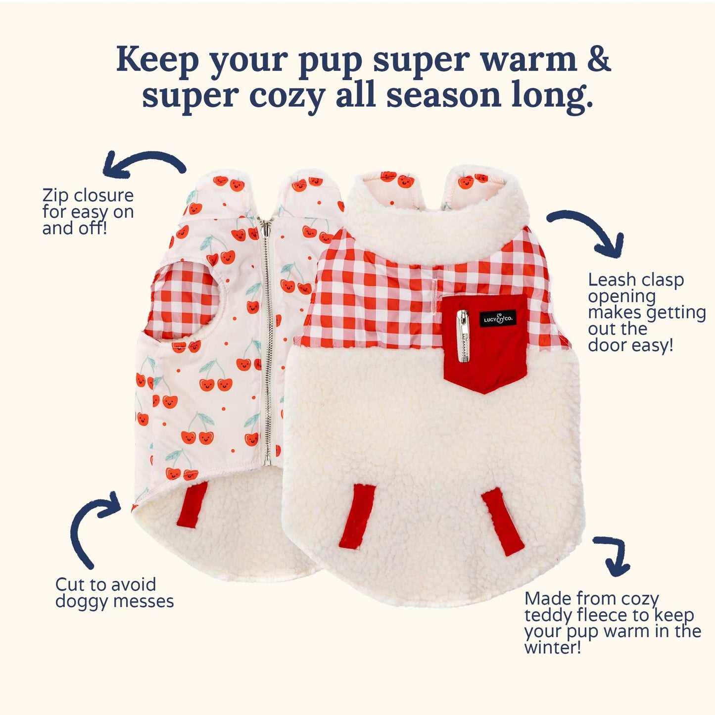 Cheery Cherries Reversible Dog Jacket – Cozy, Functional, and Stylish