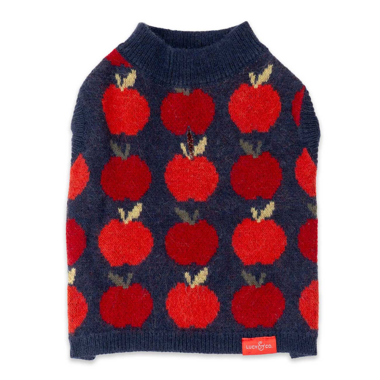 Navy blue dog sweater with red apple pattern on a white background