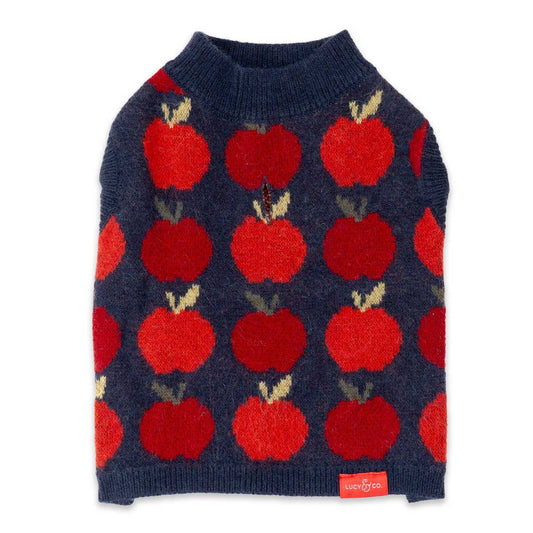 Navy blue dog sweater with red apple pattern on a white background
