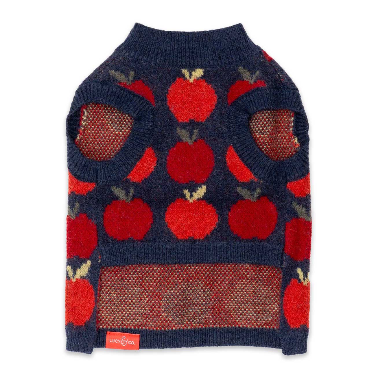Navy blue dog sweater with red apple pattern on a white background