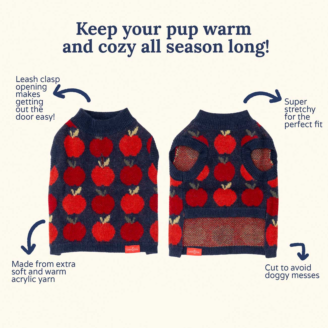 Dog sweater with red apple pattern, features highlighted on a white background