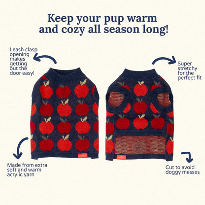 Dog sweater with red apple pattern, features highlighted on a white background