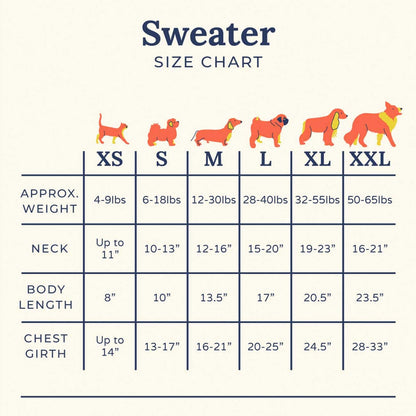 Dog sweater size chart with illustrations of dogs in various sizes