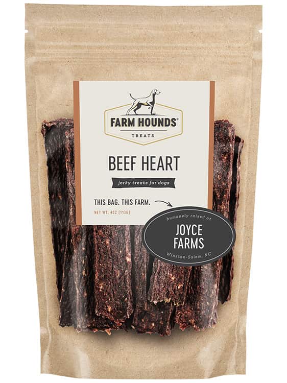 Package of Farm Hounds beef heart treats for dogs with a visible brand label.