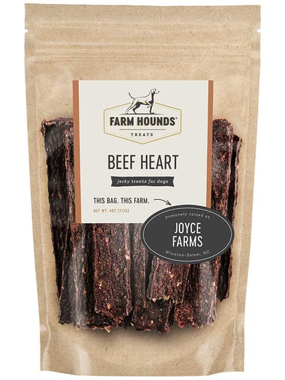 Package of Farm Hounds beef heart treats for dogs with a visible brand label.