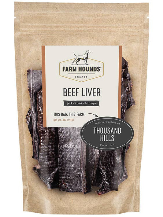 Package of Farm Hounds beef liver treats for dogs with Thousand Hills branding.