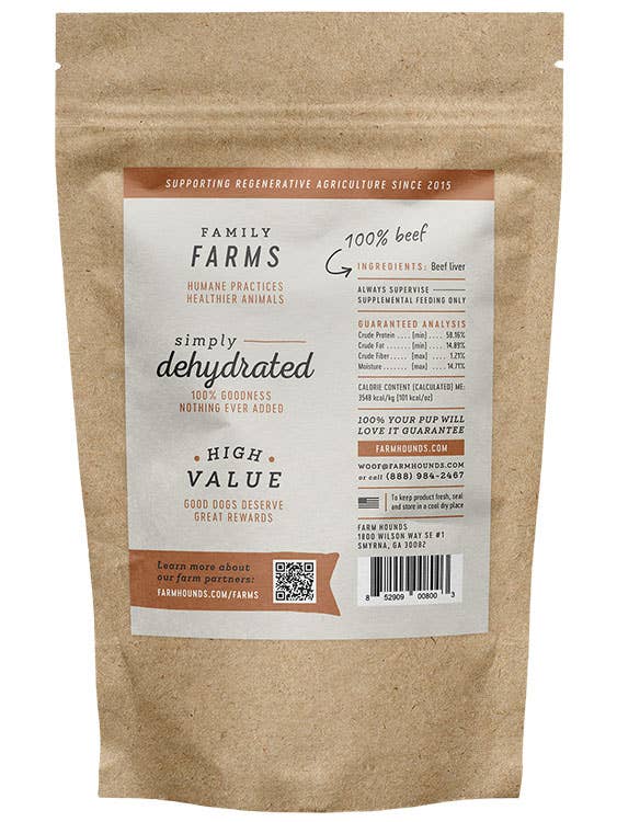 Kraft paper bag with a label for Family Farms dehydrated beef product on a white background