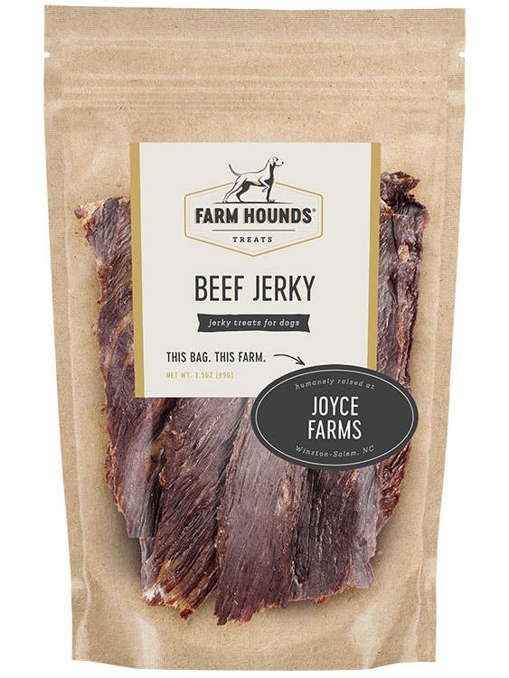 Package of Farm Hounds Beef Jerky for dogs with visible branding on a white background