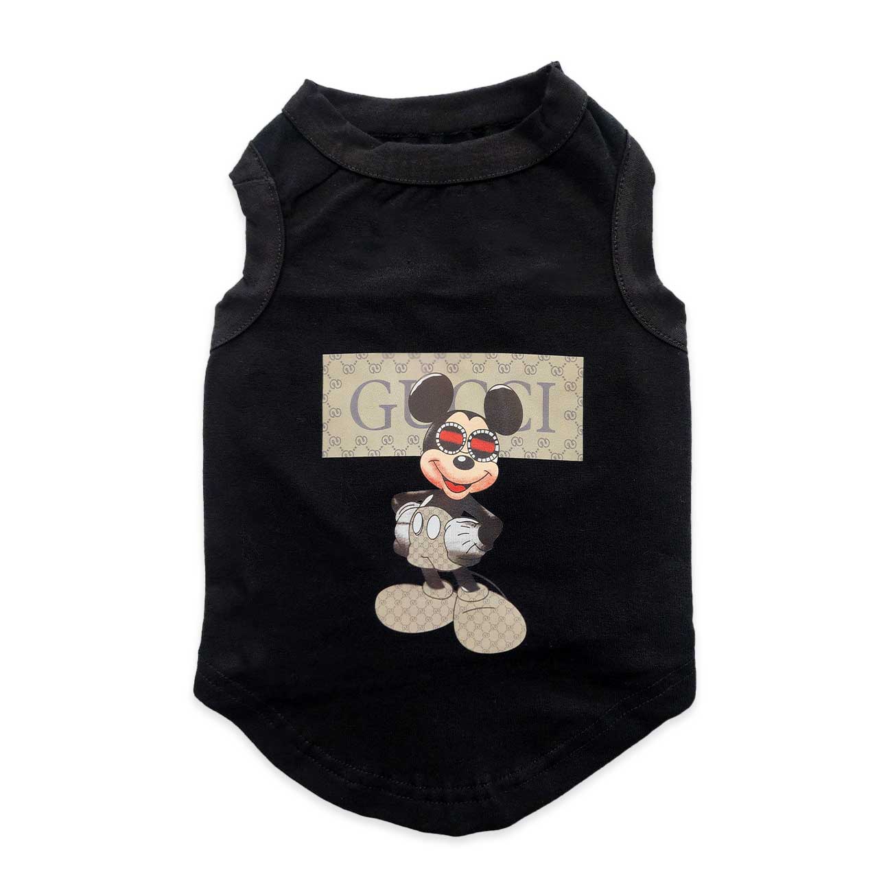 Black dog tank shirt with cartoon character and 'Gucci' logo on a white background