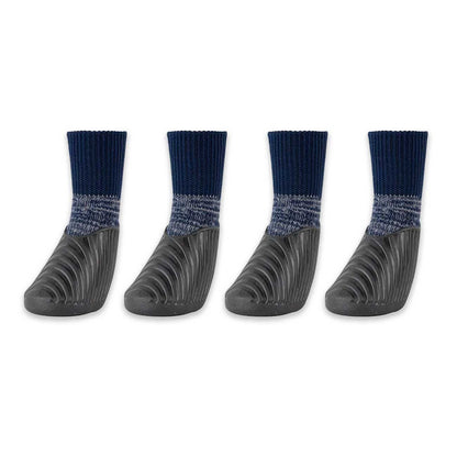 Four pairs of dog socks with dark blue tops and gray bodies on a white background