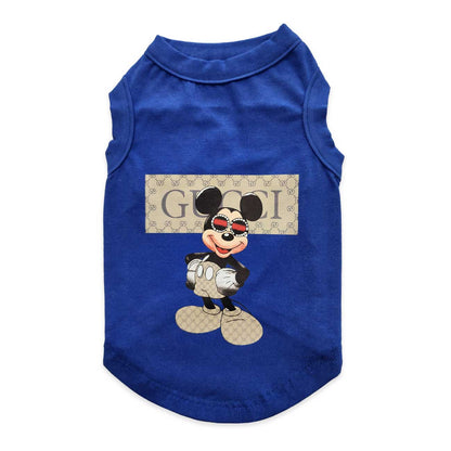 Blue pet shirt with cartoon character and 'GUCCI' logo on a white background