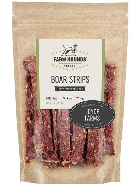 Package of Farm Hounds Boar Strips for dogs with visible branding.
