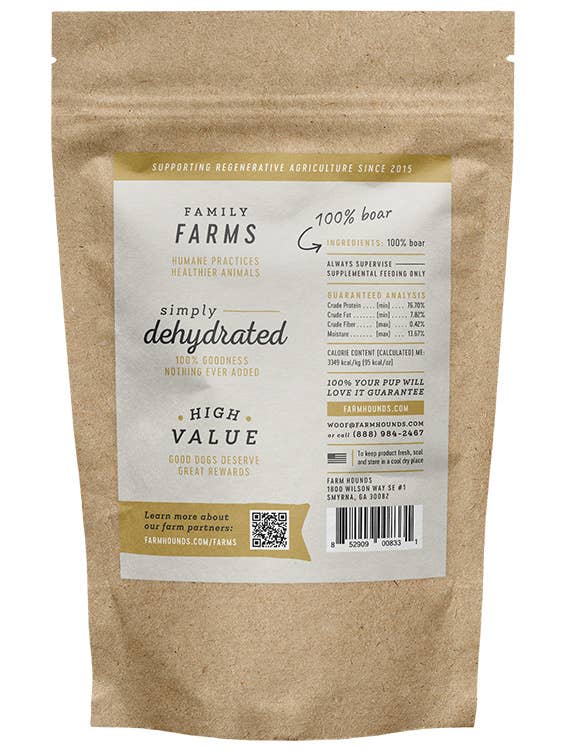 Kraft paper bag with a label for 'Family Farms' brand on a white background