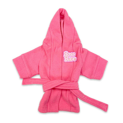 Pink robe with 'Boss Babe' text on a white background