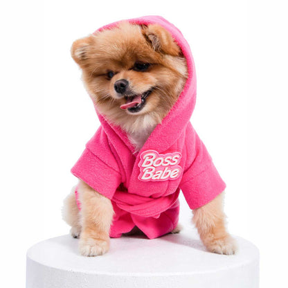 Small dog wearing a pink 'Boss Babe' hoodie on a white background