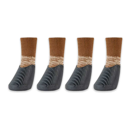 Four pairs of dog socks with brown and black design on a white background
