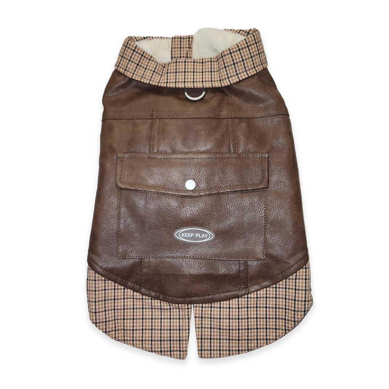 Brown leather dog coat with plaid trim on a white background