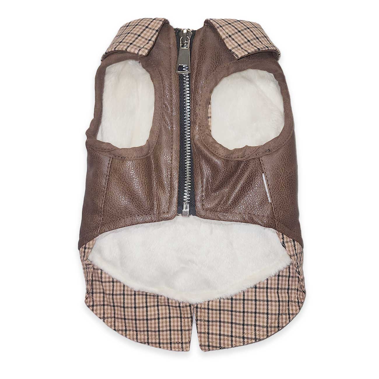 Brown leather dog vest with plaid accents on a white background