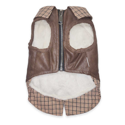 Brown leather dog vest with plaid accents on a white background