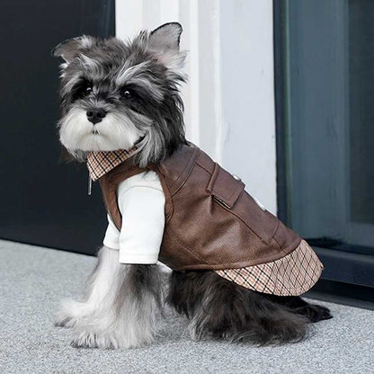 Dog wearing a brown vest with plaid lining indoors
