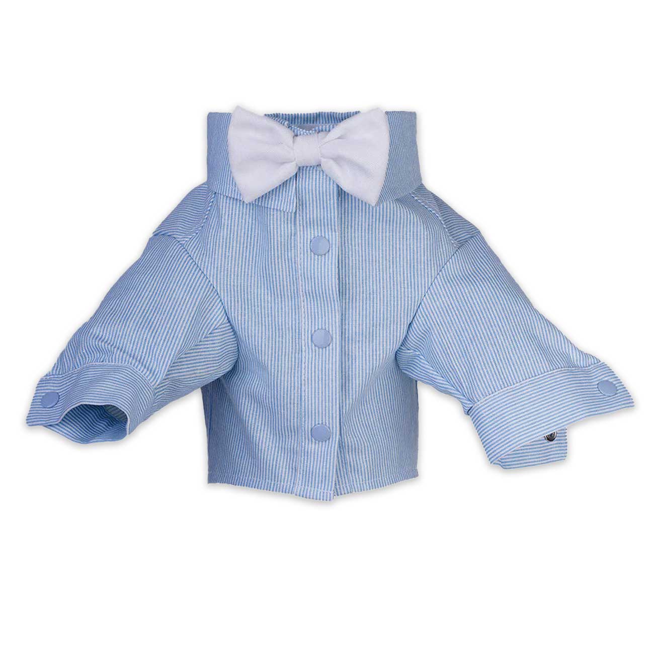 Blue striped baby outfit with a white bow tie on a white background