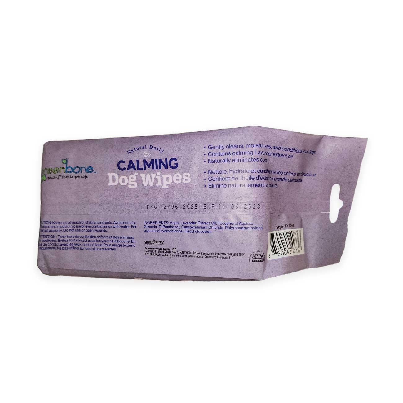 Greenbone Calming Dog Wipes Lavender Scented back packaging